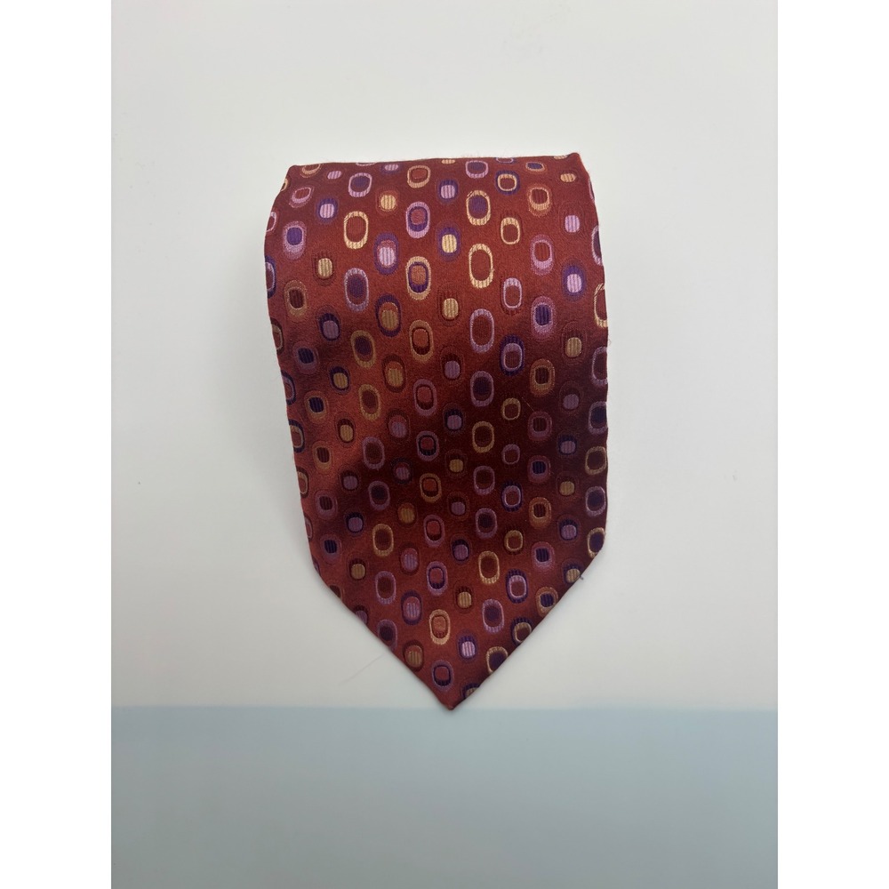 Canali Italy Silk Tie Burgundy Red Purple Gold Geometric Oval Pattern Mens